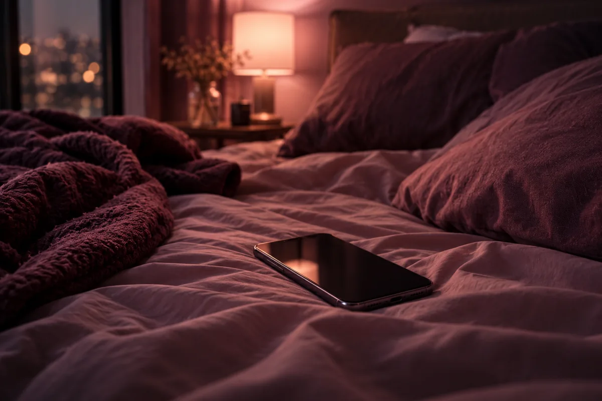 Celular sobre a cama à noite